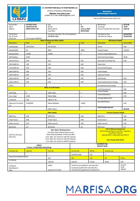 Printable India Uttarakhand power corporation electricity business utility bill Word and PDF formats download for verification